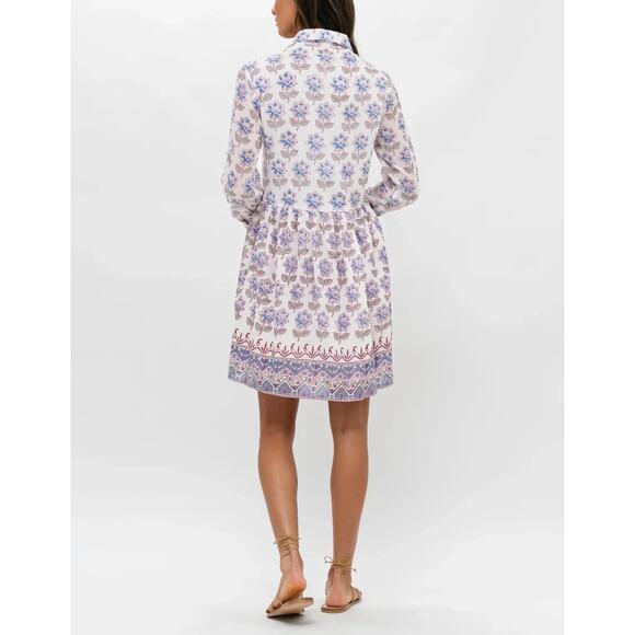 OLIPHANT Long Sleeve Mini Cotton Button Shirt Dress Block Print Portofino Aqua - Picture 3 of 10